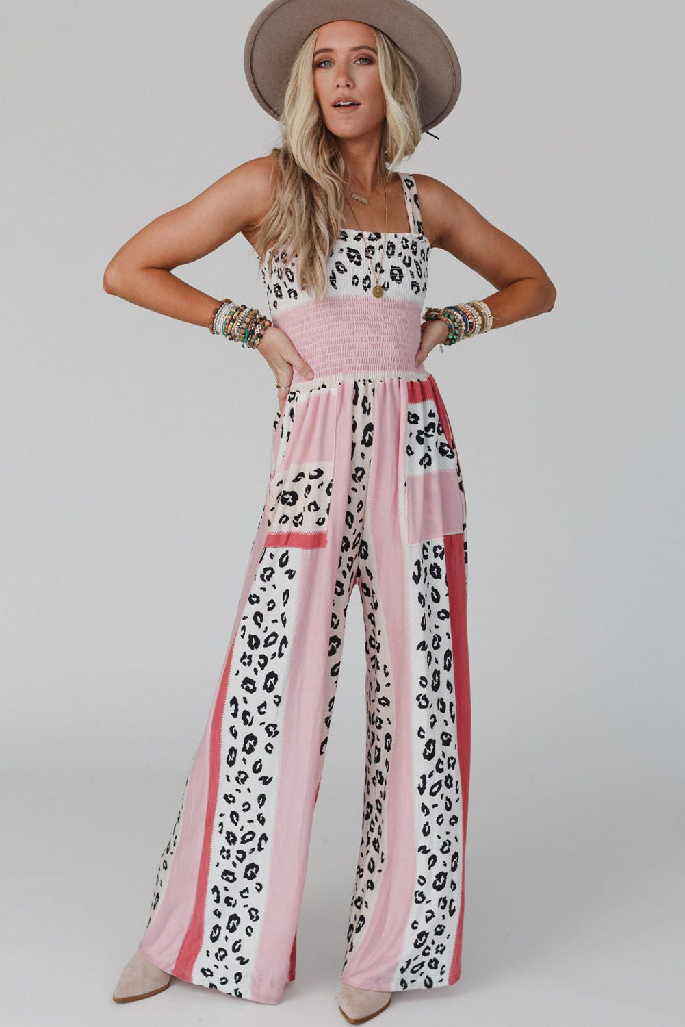 Color Block Mix Print Pocketed Jumpsuit