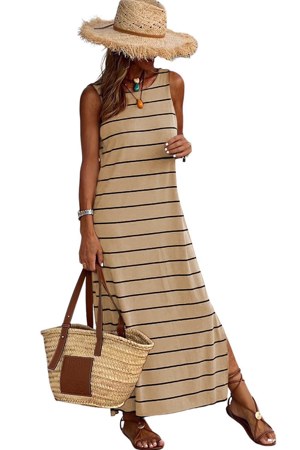 Khaki Stripe Print Open Back Sleeveless Maxi Dress with Slits