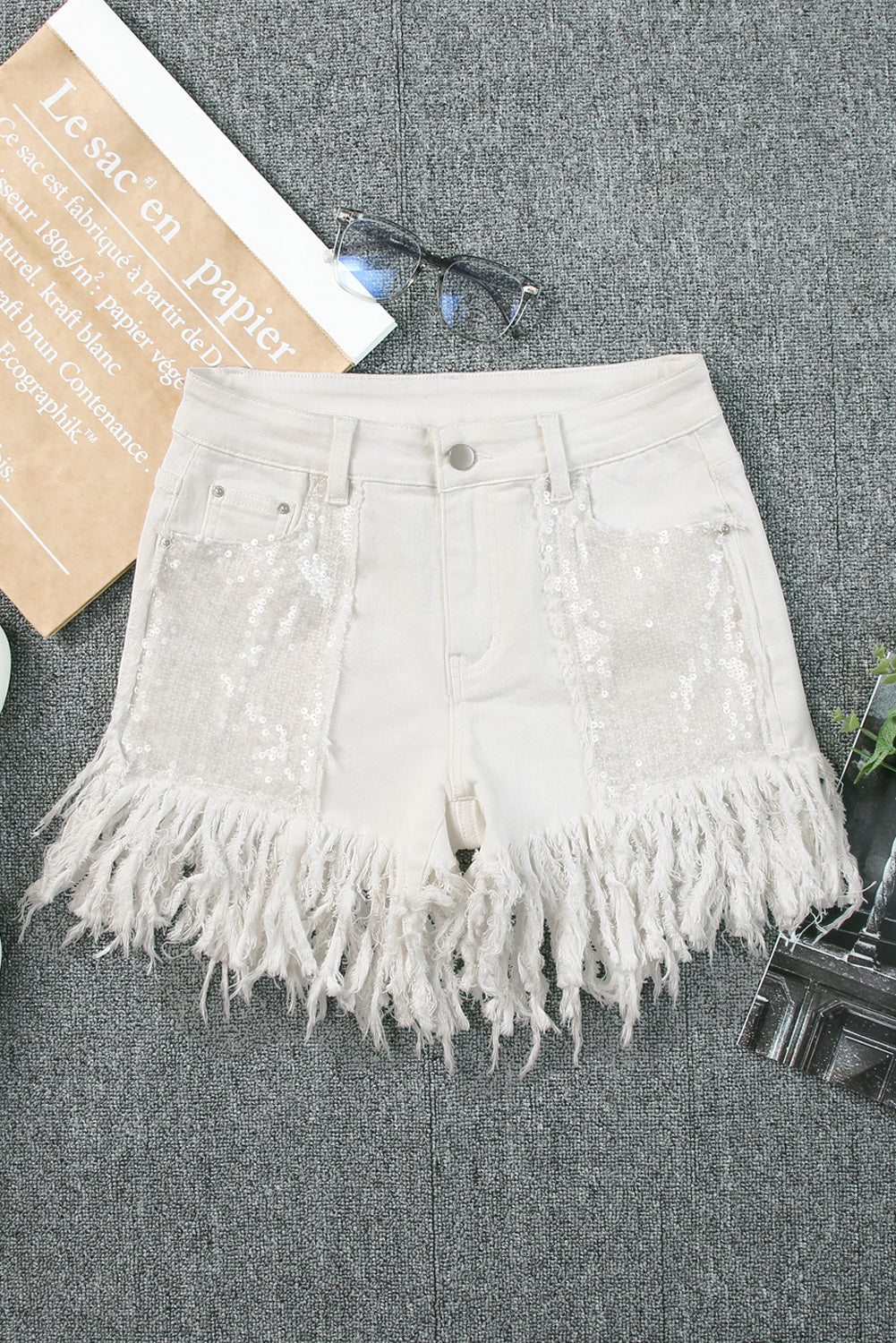 Beige Tassel Sequin Distressed High Waist Denim Shorts