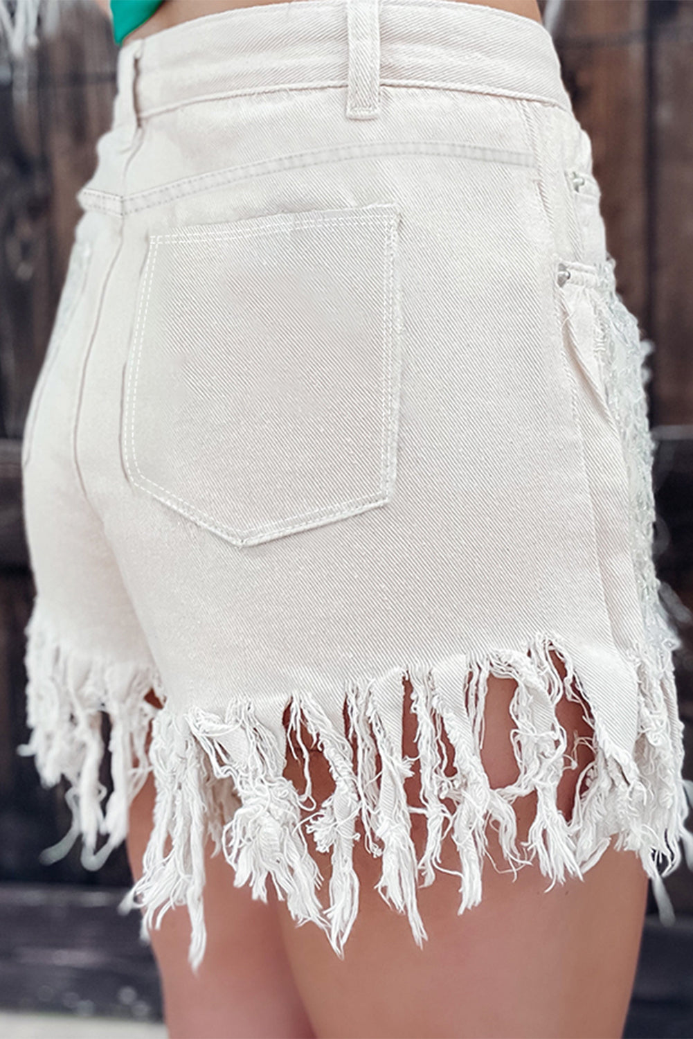 Beige Tassel Sequin Distressed High Waist Denim Shorts